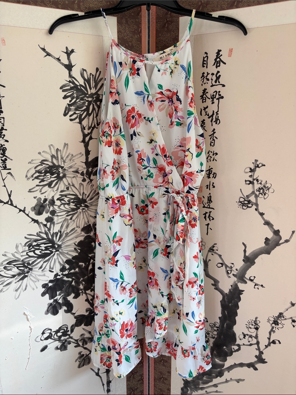 miami White Floral Midi Dress with Pink & Green Accents